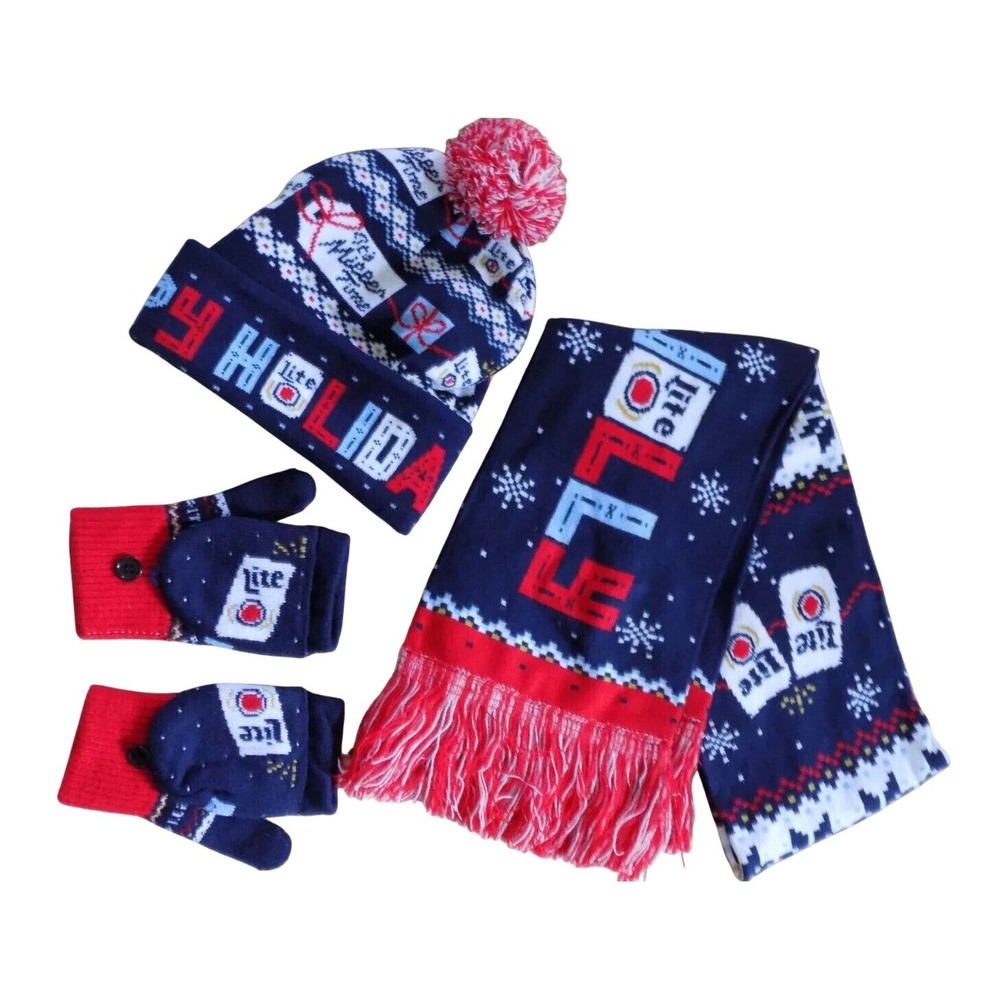 It's Miller Time Lite Beer Can Happy Holidays Holly Jolly Scarf Mittens Hat Set!